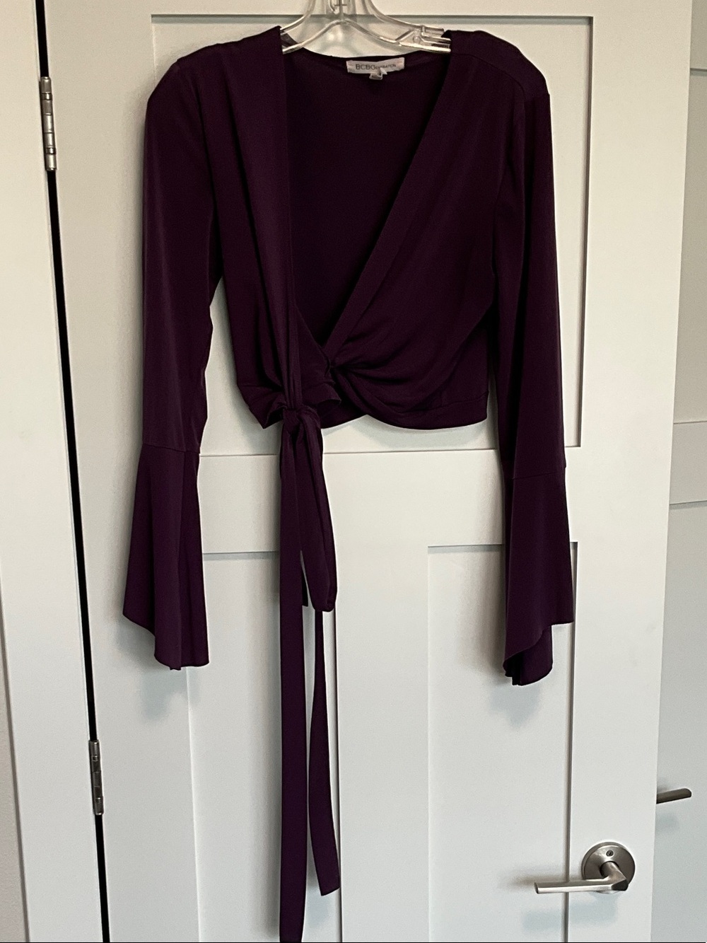 BCBGeneration Plum Tie-Front Crop Top
